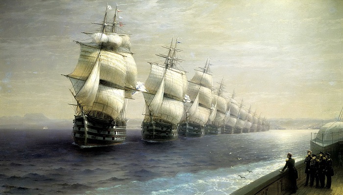  Смотр Черноморского флота в 1849 году (первым идет флагман «12 Апостолов»). Автор. И.К.Айвазовский.