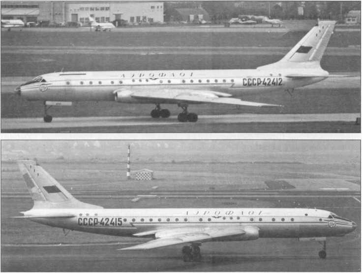 Самолеты Ту-104Б (зав. № Ns 820304 (верхний) и 820402). Характерным внешним отличием этого варианта были три иллюминатора над центропланом. Коллекция С. С. Цветкова.