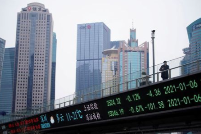 FILE PHOTO: A man stands on an overpass with an electronic board showing Shanghai and Shenzhen stock indexes, at the Lujiazui financial district in Shanghai, China January 6, 2021. REUTERS/Aly Song/File Photo