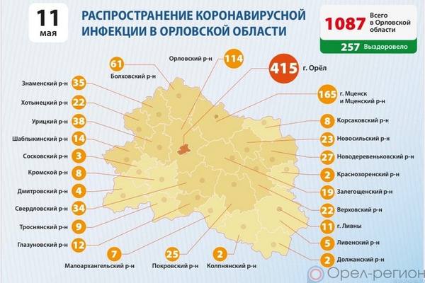 На 11 мая ещё у 64 орловцев подтвердился коронавирус