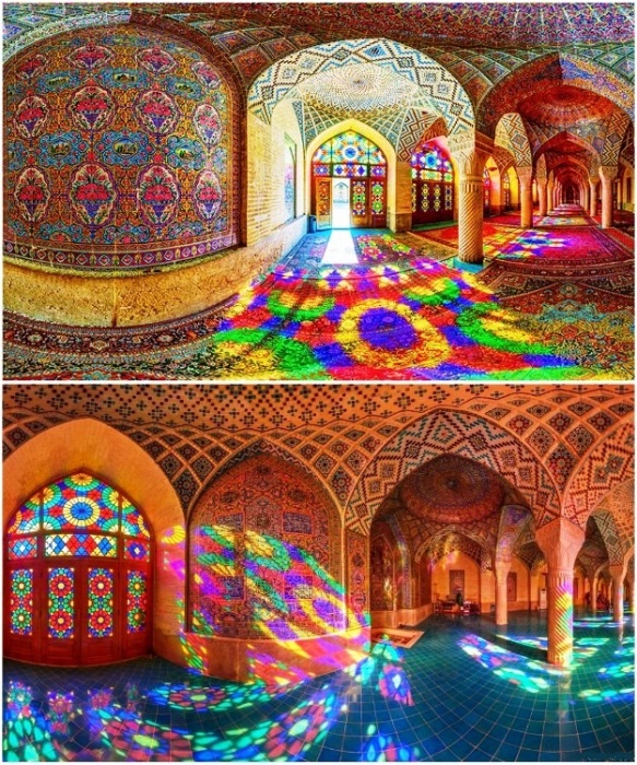 Когда солнечные лучи проходят сквозь витражи, внутри мечети появляются фантастически яркие переливы (Nasir al-Mulk, Иран). | Фото: photokarachko.blogspot.com.
