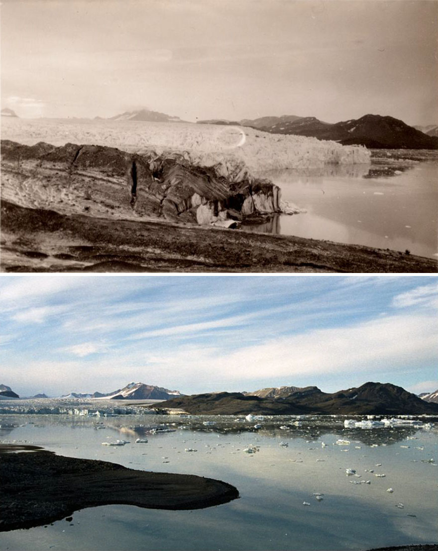 Арктика 105 лет назад и сегодня: фото сделаны с одной точке, но на снимке как будто два разных материка архивные, ледники, континента, снимки, просто, Сегодня, округе, покрывал, назад, исчез 105, начале, ледник, придают, фото Здесь, Ослундом, сделанное, будут, всегда, проталины, какогото