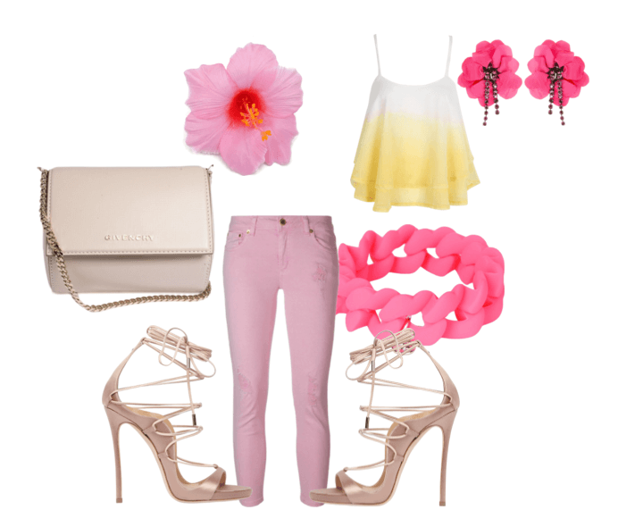 Джинсы-скинни розового цвета, майка, босоножки на каблуках, сумочка, серьги, заколка для волос, браслет