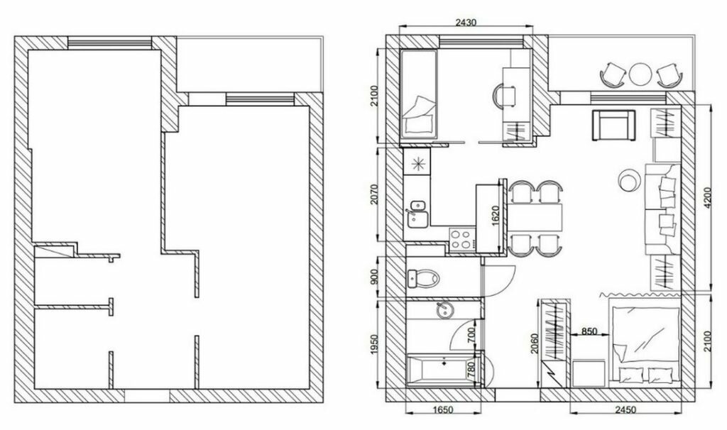 Проект квартиры 38 м2 с гардеробной и спальней