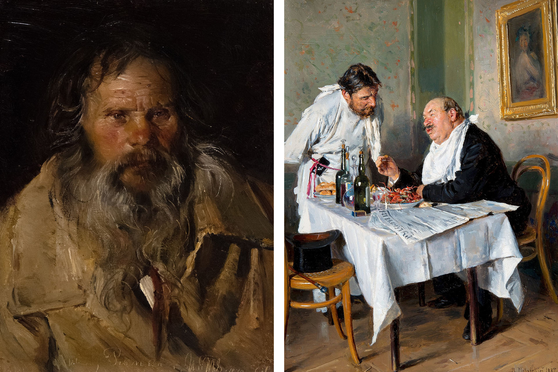 Слева: Илларион Прянишников, «Иван-Рюмка. Этюд», 1880-е годы / Владимир Маковский, «В трактире», 1887 год