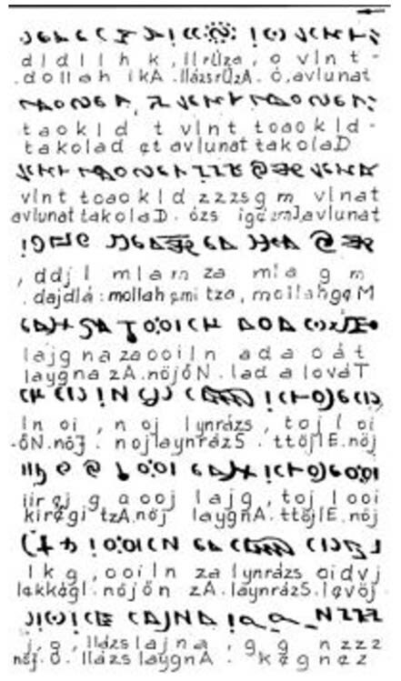 Часть попытки Аттилы Ньири расшифровать кодекс Рохона. Изображение показывает верхнюю часть Фолио 19 Кодекса, вверх ногами, с транслитерацией и текстом на венгерском языке. (https://en.wikipedia.org/wiki/File:Nyiri6_.jpg)