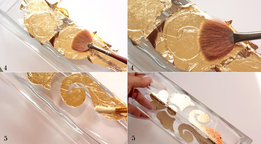 Ваза с золотым рисунком своими руками части, золота, пленку, сусального, рисунка, снимите, чтобы, золото, клеем, сделать, макетным, Подсушите, пластины, нанесите, Кисточкойвеером, краям, смахните, клей4, поверхностях, частички
