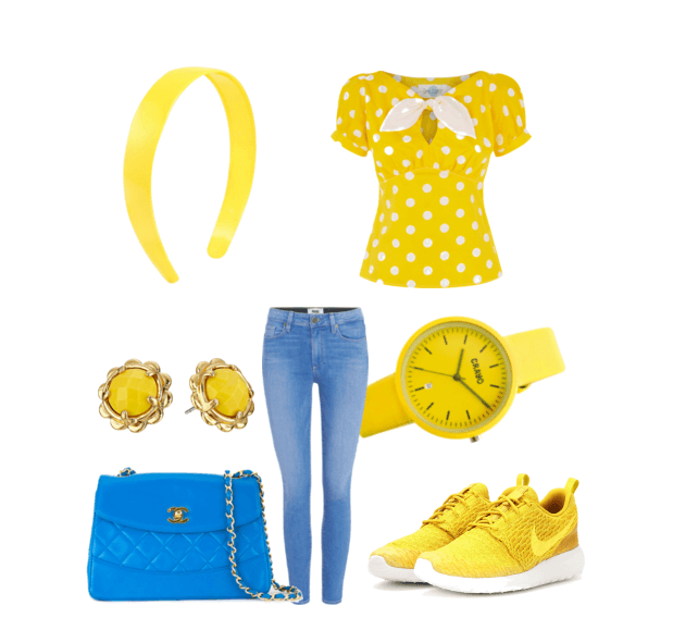 Голубые джинсы, жёлтая блузка, кроссовки, голубая сумочка, серьги, часы, обруч для волос