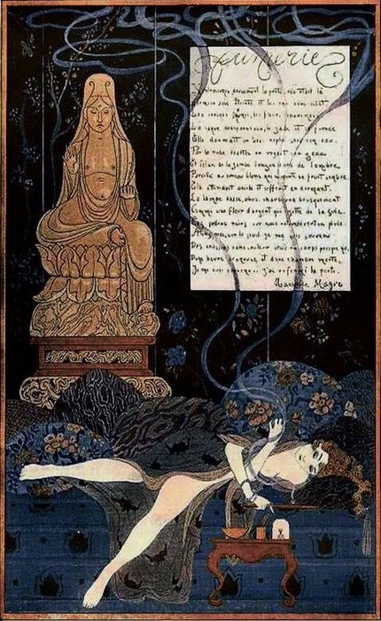 Романтичная иллюстрация, изображающая женщину, курящую опиум. Журнал Fantasio 1915 года.