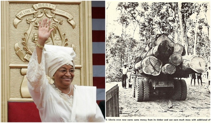 Слева направо: Бывший президент Элен Джонсон-Серлиф. \ Лесорубы и лесовоз, начало 1960-х годов.