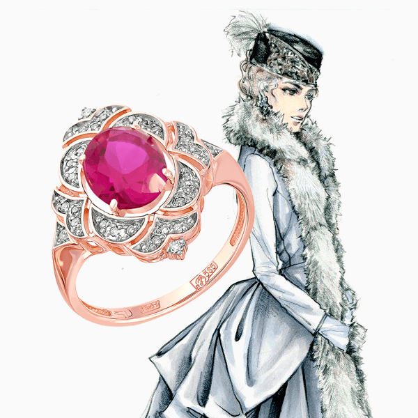 Кольцо SL из коллекции «Русские сезоны», розовое золото, рубин, бриллианты
