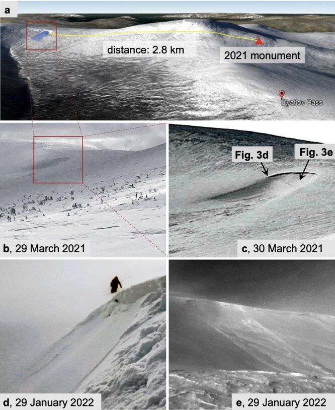 Несколько случайных кадров, сделанных на перевале Дятлова в 2021 и 2022 г., на которые попали следы сошедших лавин