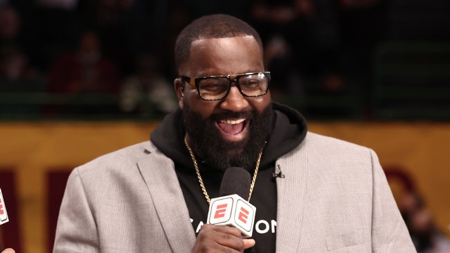 Kendrick Perkins on set for ESPN before an NBA game.