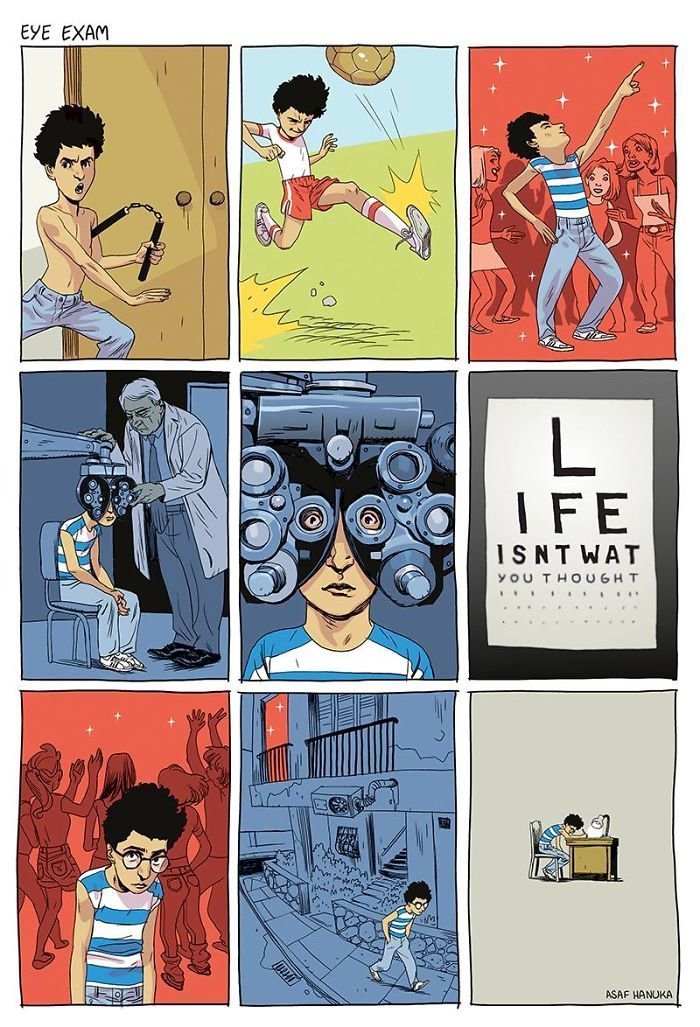 "Проверка зрения" (на таблице: "Жизнь не такая, как ты представлял") иллюстрации, комиксы, на злобу дня, рисунки, сатира, современное общество, творчество, художник