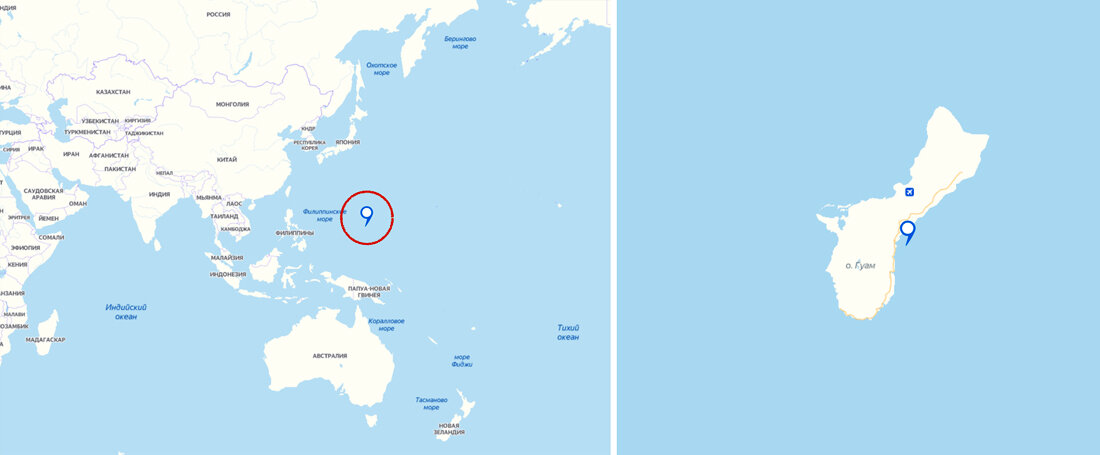 Марианские острова (обведены красным) и остров Гуам