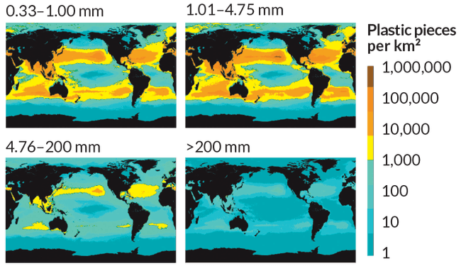 Концентрация пластиковых фрагментов разного размера на поверхности Мирового океана. Иллюстрация: Eriksen et al., 2014 / E. Otwell, Science News.