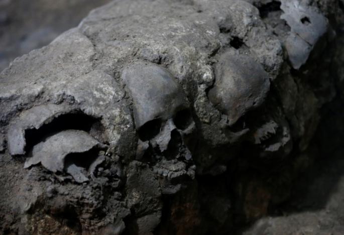Skulls are seen at a site where more than 650 skulls caked in lime and thousands of fragments were found in the cylindrical edifice near Templo Mayor, in Mexico City