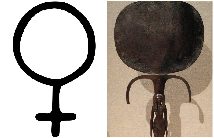 Знак женского пола, "зеркало Венеры", восходит к традиционной форме античных зеркал