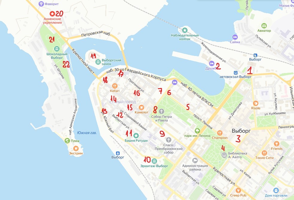 Карта Выборга - пешая прогулка по городу