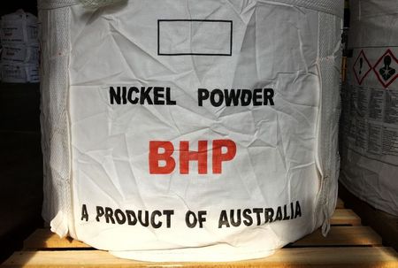 A tonne of nickel powder made by BHP Group sits in a warehouse at its Nickel West division, south of Perth, Australia August 2, 2019. Picture taken August 2, 2019. REUTERS/Melanie Burton