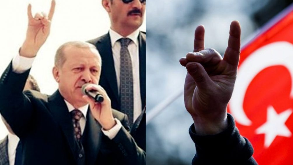   Эрдоган показывает жест "Серых волков*" - характерно сложенные пальцы обозначают морду и уши волка