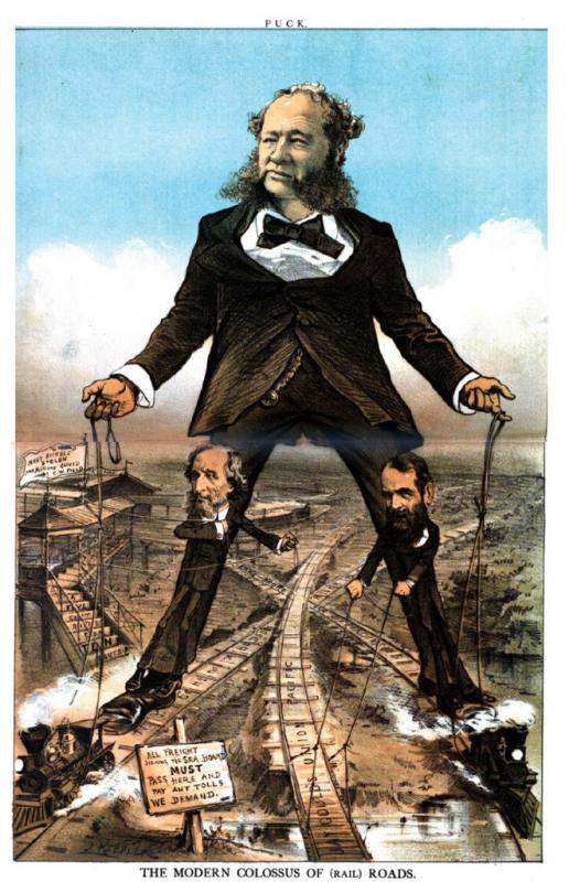 Карикатура «Современный колосс (железных) дорог» (1879), изображающая Уильяма Генри Вандербильта, старшего сына и наследника состояния Корнелиуса Вандербильта