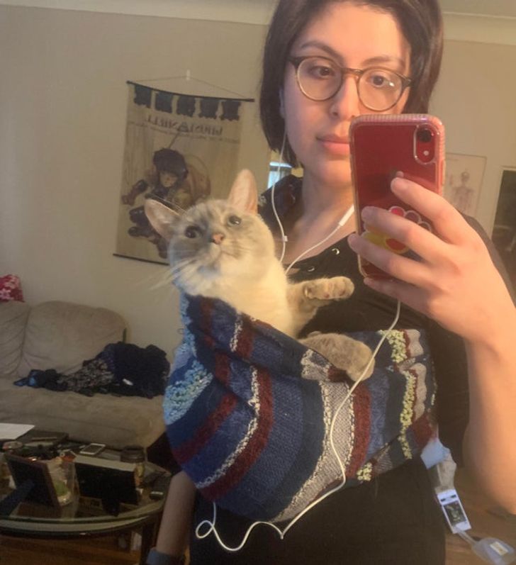 девушка в очках делает селфи с кошкой
