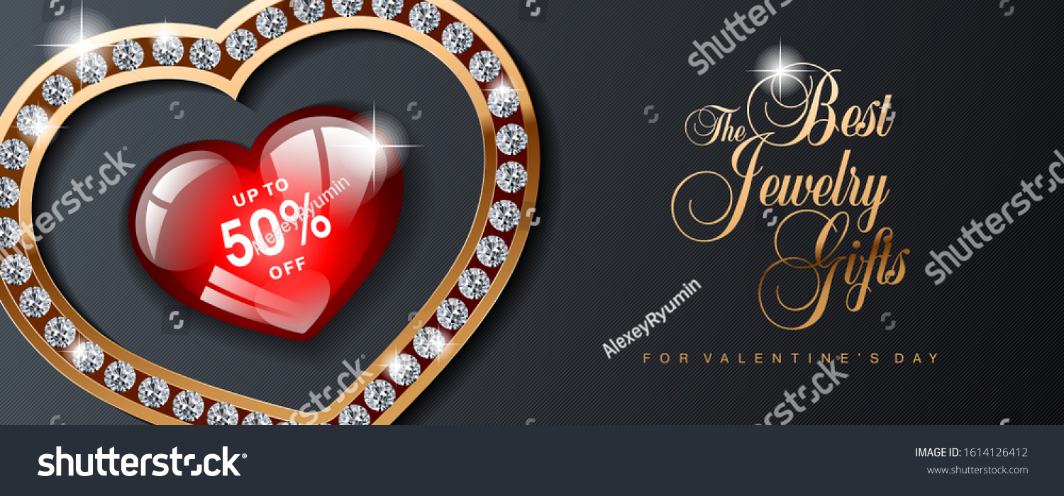 Luxury Valentines Day jewelry sale, special offer, discount, advertising campaign vector banner, flyer, poster, voucher, website header template with gold jewelry, diamonds and text on black striped background with red heart discount 