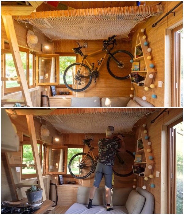 В домике предусмотрено место для хранения велосипеда.