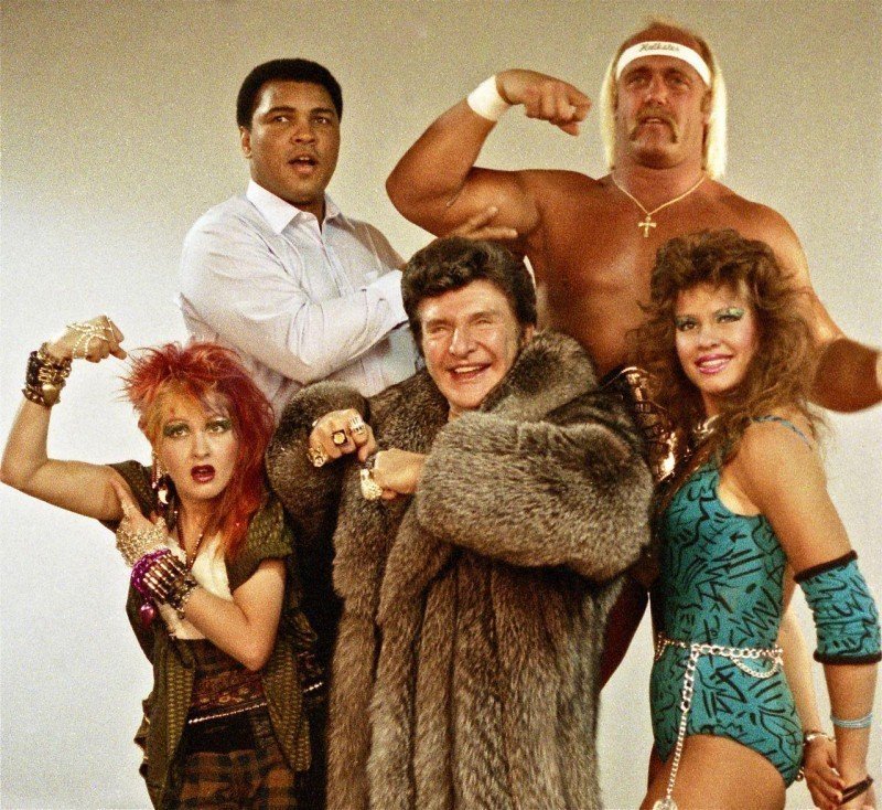 Muhammad Ali, Hulk Hogan, Cyndi Lauper, Liberace and Wendi Richter (1985) знаменитости, интересные фото, фото
