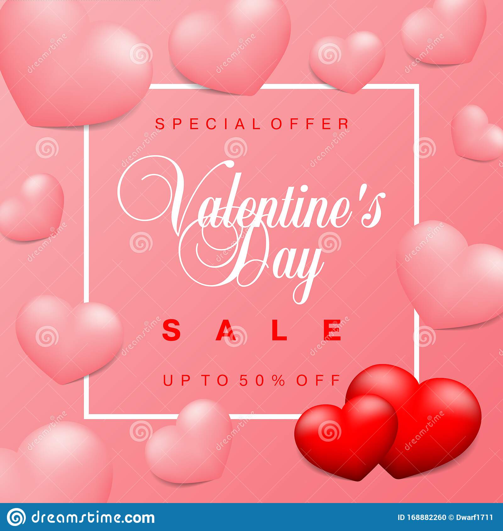 Pink Valentines Day sale special offer, discount, advertising campaign square vector banner, flyer, poster, voucher, social media post template with couple of red hearts an pink hearts 