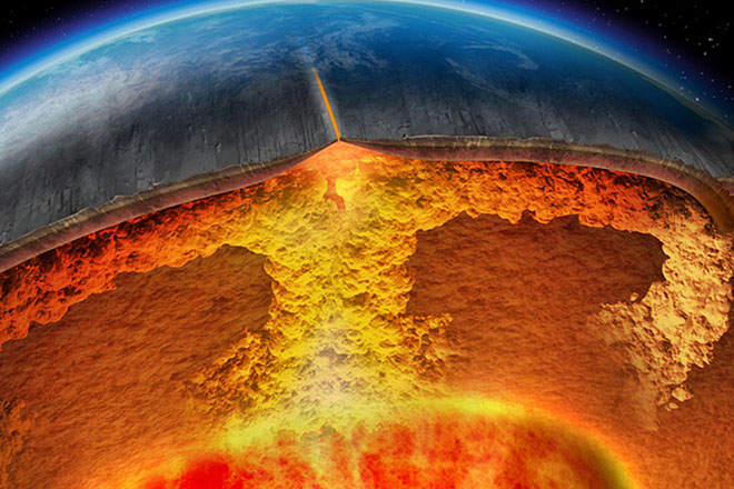 Computer-generated imagery depicting the perpetual convection of hot plumes of rock from the earth's core to its crust.