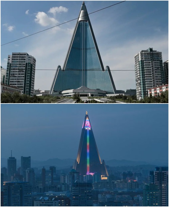Здание Ryugyong Hotel до сих пор так и остается недостроенным несмотря на то, что фасад дает возможность насладиться эффектными архитектурными деталями (Пхеньян, Северная Корея).