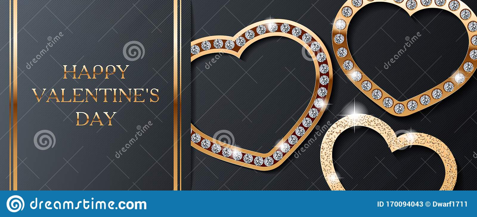 Luxury Valentines day vector golden and diamond hearts on black striped background. Cute card, banner, flyer, poster, voucher or greeting card template. 