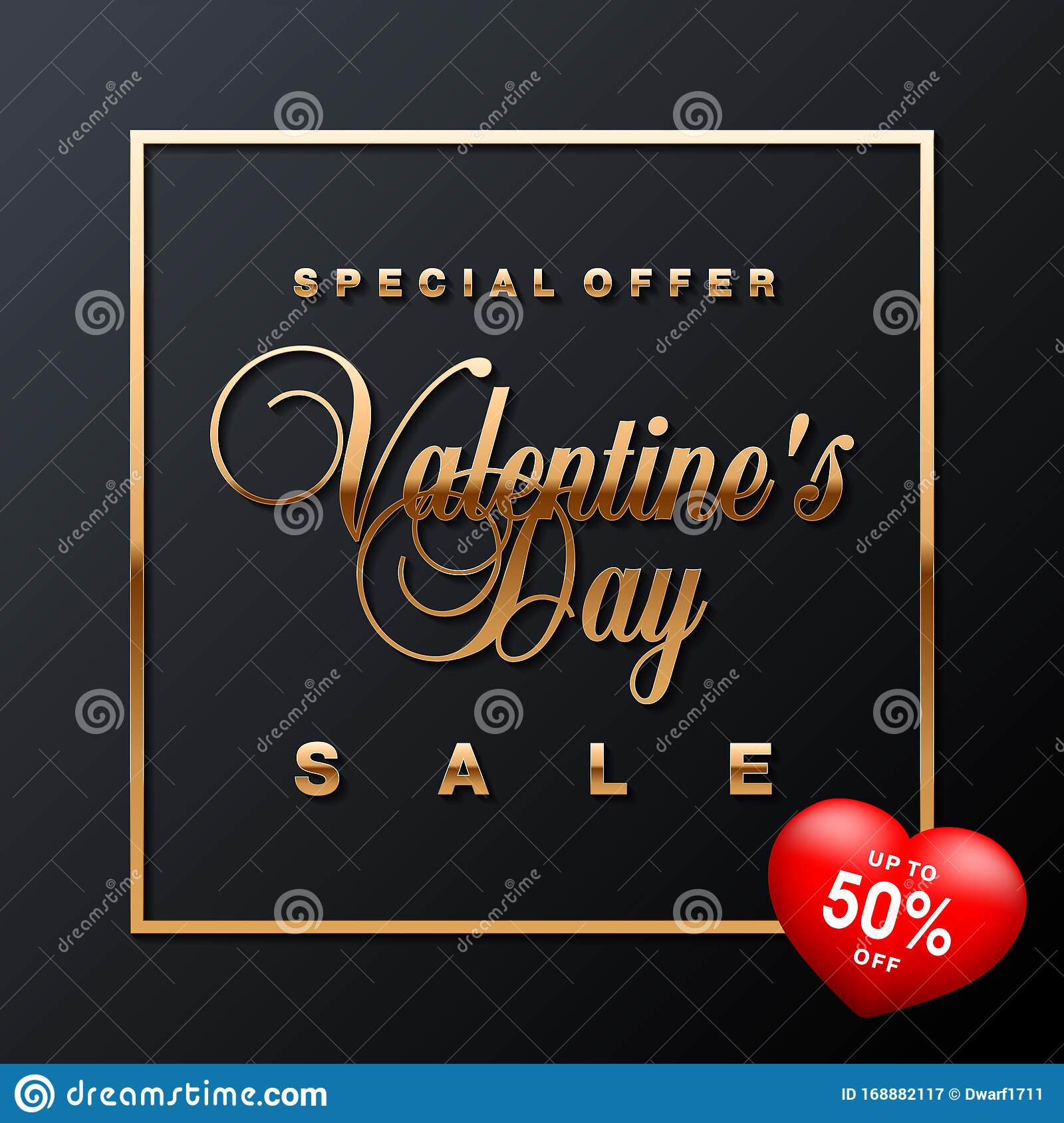 Luxury Valentines Day sale special offer, discount, advertising campaign square vector banner, flyer, poster, voucher, social network post template with golden text on black background with red heart with discount 