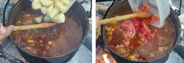 Так же, добавляем в казан нарезанные картофель и помидоры. блюдо, в казане, видео, еда, рецепт, фото, фоторецепт