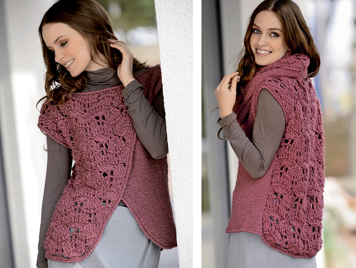 Сочетание узоров спицами и крючком: оригинальный жилет