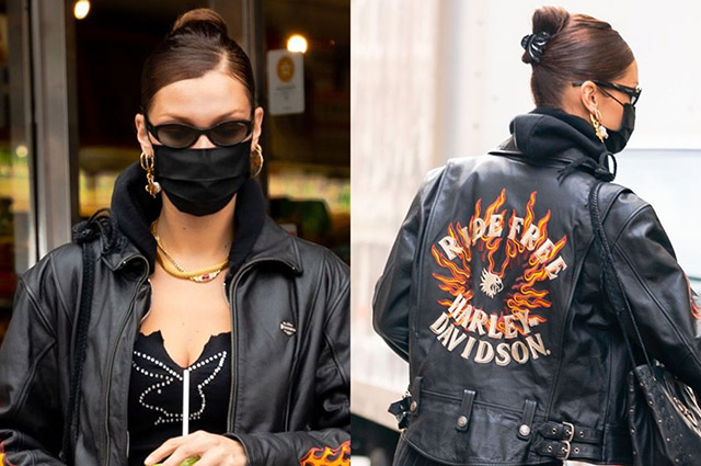 Уличный стиль знаменитости: Белла Хадид в косухе Harley Davidson и футболке с логотипом Playboy на прогулке в Нью-Йорке