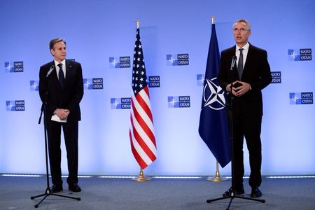 NATO Secretary General Jens Stoltenberg delivers a statement as he meets with U.S. Secretary of State Antony Blinken in Brussels, Belgium, April 14, 2021. REUTERS/Johanna Geron/Pool