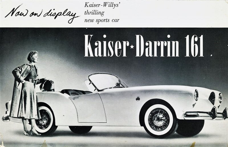 …а так машину рекламировали в прессе незадолго до выхода на рынок. Найдем как минимум три различия? Kaiser Darrin, авто, автодизайн, автоистория, двери, дизайн, олдтаймер, ретро авто