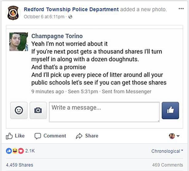 Преступник с пончиками пришел сдаваться копам, проиграв им спор в Фейсбуке