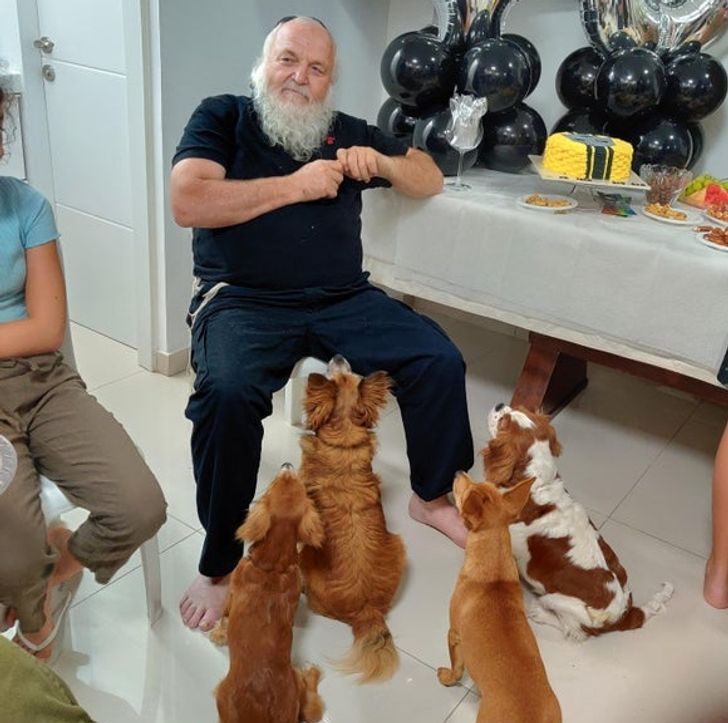 бородатый мужчина и четыре собаки