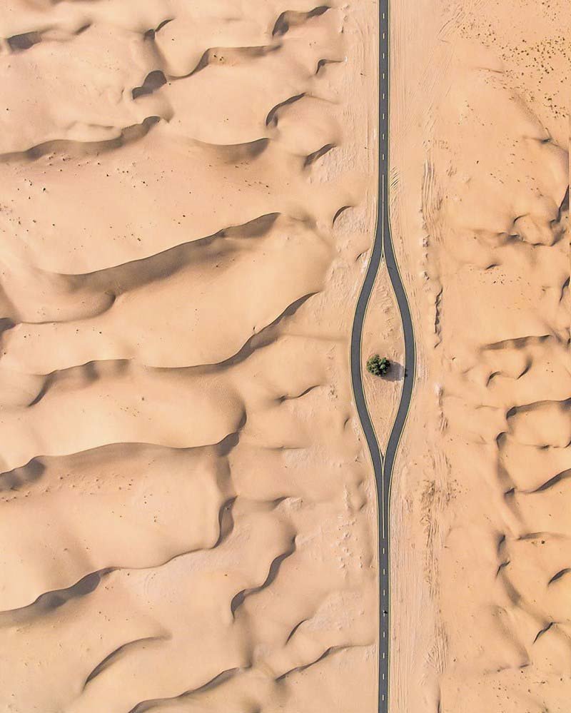 1. Дорога и одно единственное дерево (Дубай, ОАЭ) абу-даби, в мире, дубай, красота, природа, пустыня, фотограф