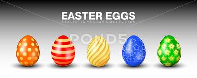 Multicolored realistic 3D easter eggs vector collection. Orange, red, yellow, blue and green eggs with different golden ornaments
