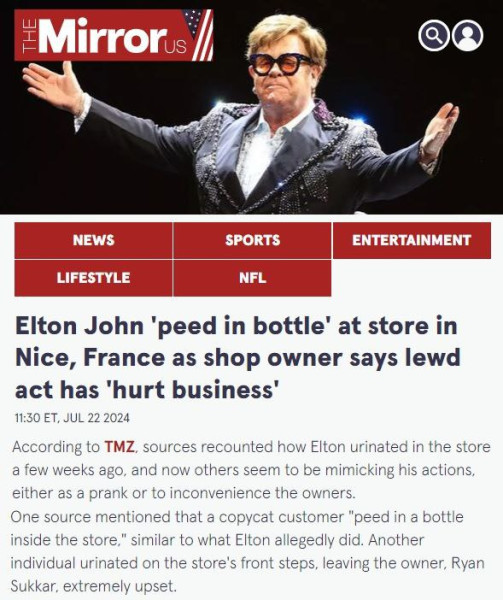 Элтон Джон пописал в бутылку в обувной лавке в Ницце, чем очень огорчил хозяев