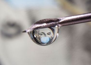 George Washington is seen with a printed medical mask on a one dollar bill reflected in a drop on a syringe needle in this illustration taken November 9, 2020. REUTERS/Dado Ruvic/Illustration