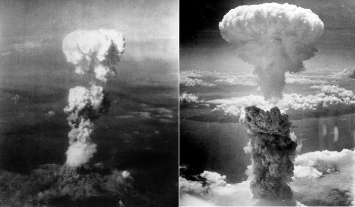 Ядерный гриб над Хиросимой (слева) и Нагасаки (справа). | Фото: ru.wikipedia.org.