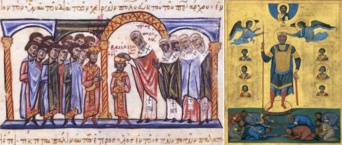 Слева направо: Коронация младенца Василия II в качестве соправителя. \ Придворные и побеждённые враги склоняются к ногам императора Василия II. \ Фото: google.com.