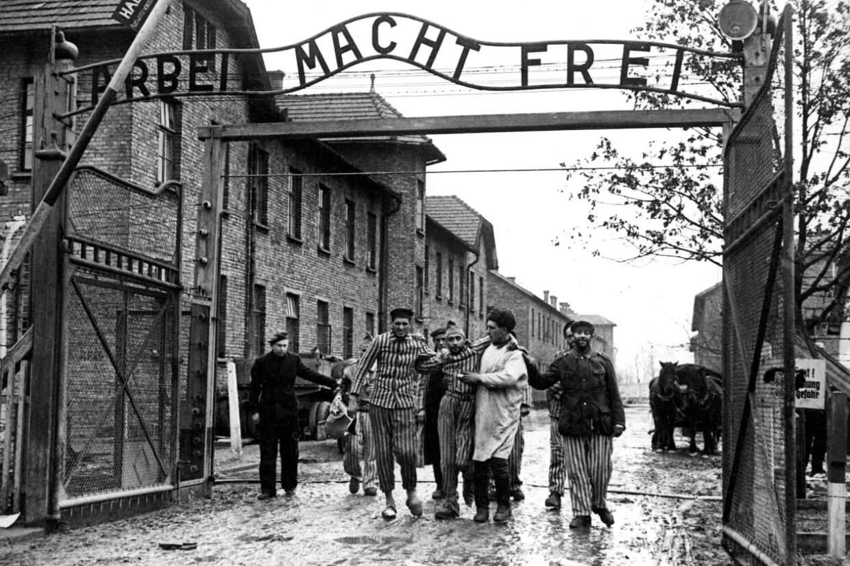 Советские солдаты выводят освобожденных узников Освенцима. Над воротами лагеря циничный лозунг «Арбайт махт фрай» (Arbeit macht frei) — «Труд освобождает»