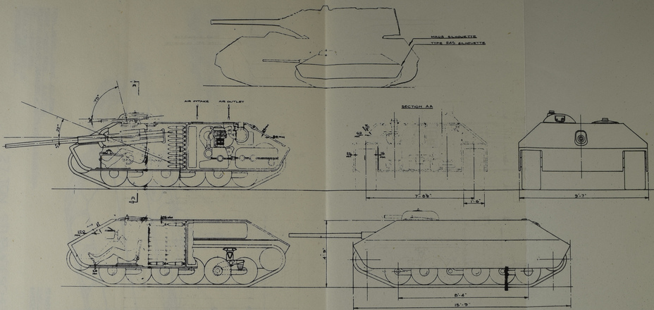 ​Проекции Typ 245-011 и его компоновка. Сверху приведено сравнение силуэтов самого большого и самого малого танков Porsche - Кусачие клопы «Рейнметалла» и «Порше» | Warspot.ru